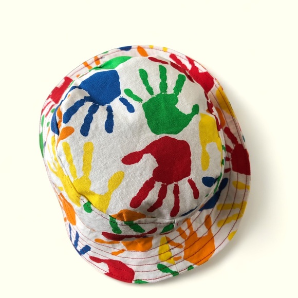 NWOT HANDMADE REVERSIBLE Girls Bucket Hat vibrant flowers & hand prints 19-20.5” - Picture 6 of 7